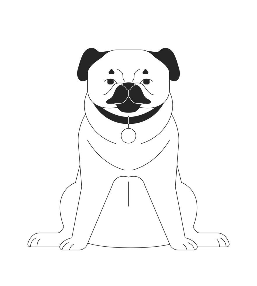 Adorable sitting pug with collar tag black and white 2D line character. Cute small dog breed. Pet mascot. Domestic canine isolated outline animal. Monochromatic spot illustration vector