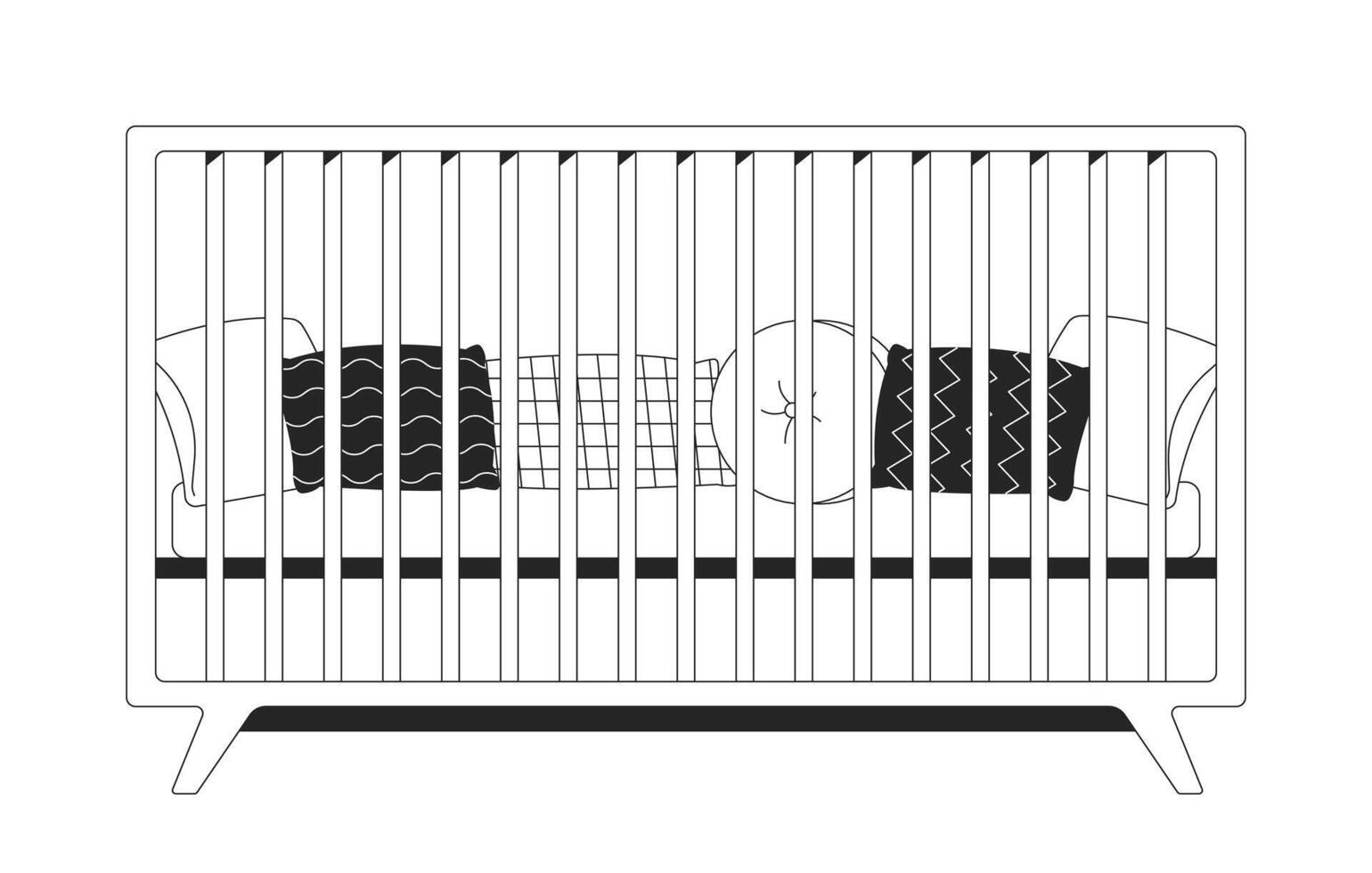 Baby crib with mattress and cushions black and white 2D line object. Nursery furniture. Parenting essentials. Infant bedding isolated clip art outline item. Monochromatic spot illustration vector