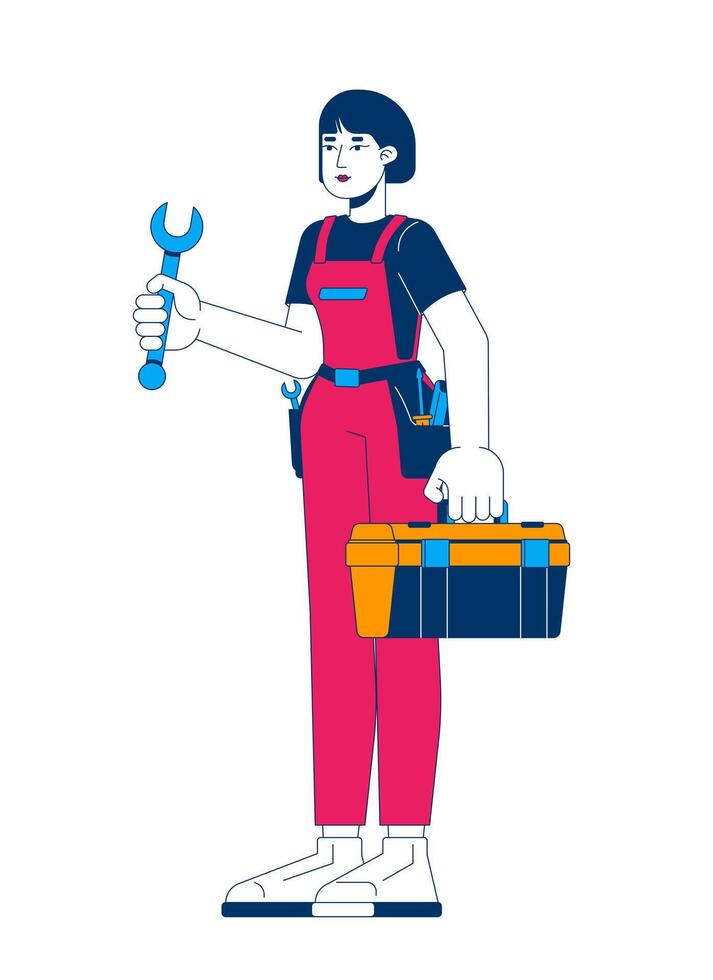 Female mechanic holding wrench and toolbox cartoon flat illustration. Repairwoman handywoman. Workshop occupation. Plumber woman asian 2D character isolated on white background. colorful image vector