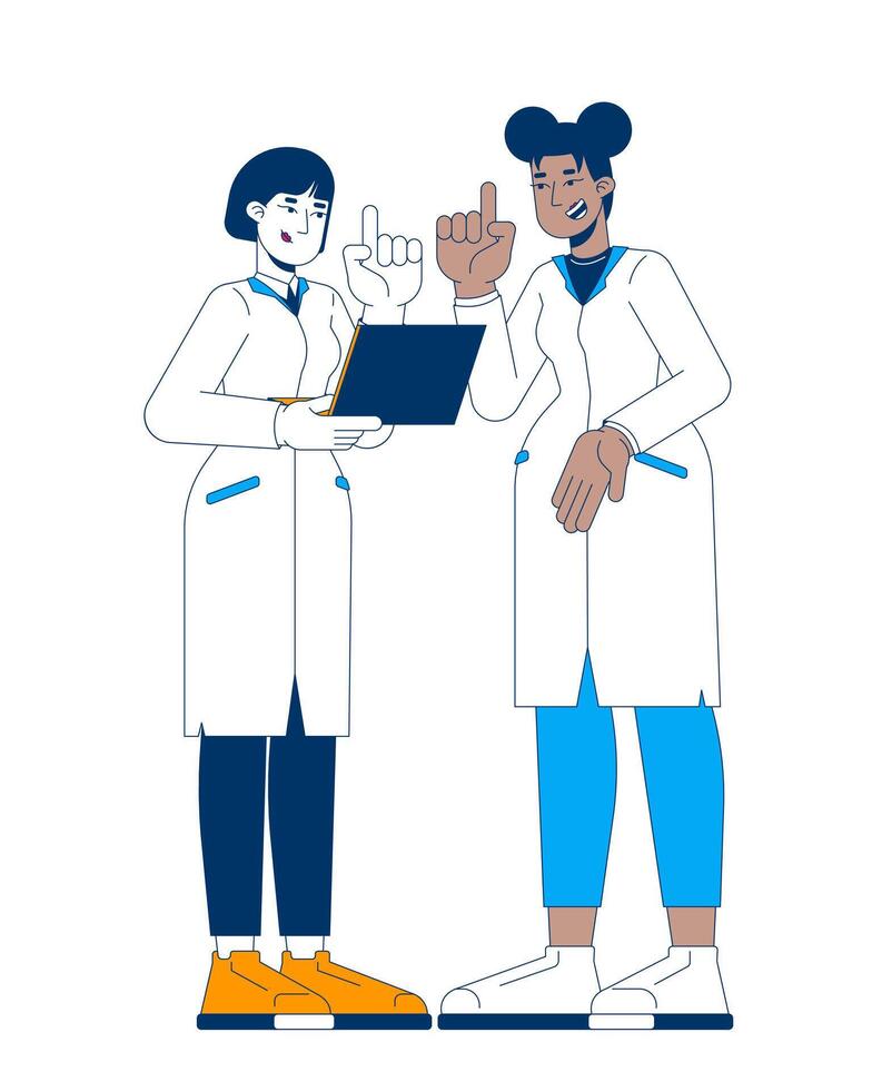 Female STEM scientists collaborating on research cartoon flat illustration. Two diverse women in lab coats discussing data on laptop 2D characters isolated on white background. colorful image vector