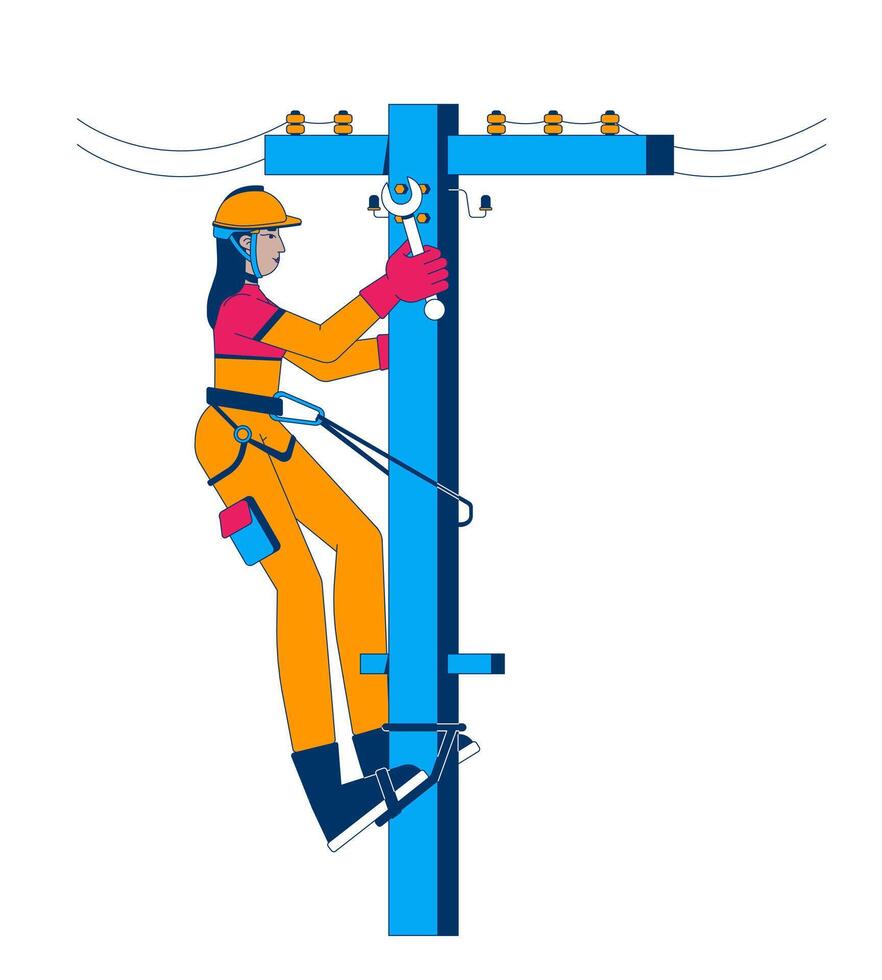 Female electrician repairing utility pole cartoon flat illustration. Electricity maintenance. Power line worker middle eastern woman 2D character isolated on white background. colorful image vector