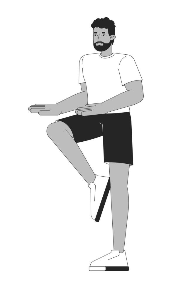 African american man balancing on one leg black and white 2D line character. Stability training. Black guy wearing t-shirt and shorts isolated outline person. Monochromatic spot illustration vector