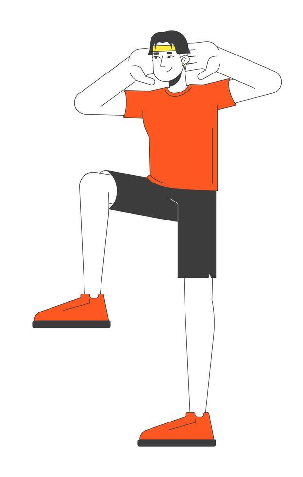 Young adult asian man doing exercise warm-up 2D cartoon character. Fitness routine. Stretching. Korean guy in tshirt shorts with sneakers isolated person flat on white. Spot illustration vector