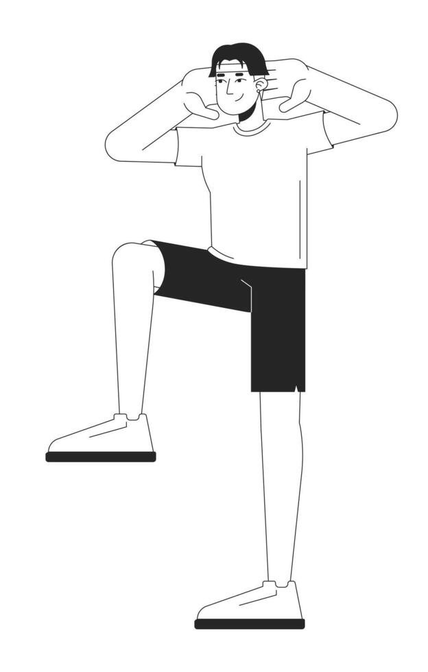 Young adult asian man doing exercise warm-up black and white 2D line character. Fitness routine. Stretching. Korean guy in sportswear isolated outline person. Monochromatic spot illustration vector