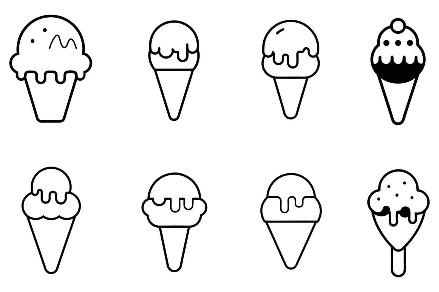 Simple Black and White Line Art Ice Cream Icons vector