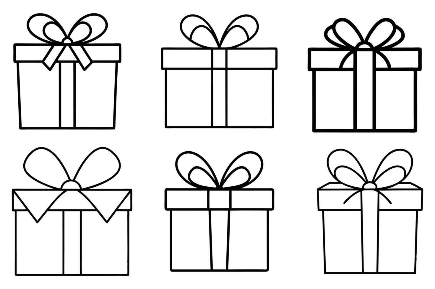 Six black line art gift boxes with ribbons. vector