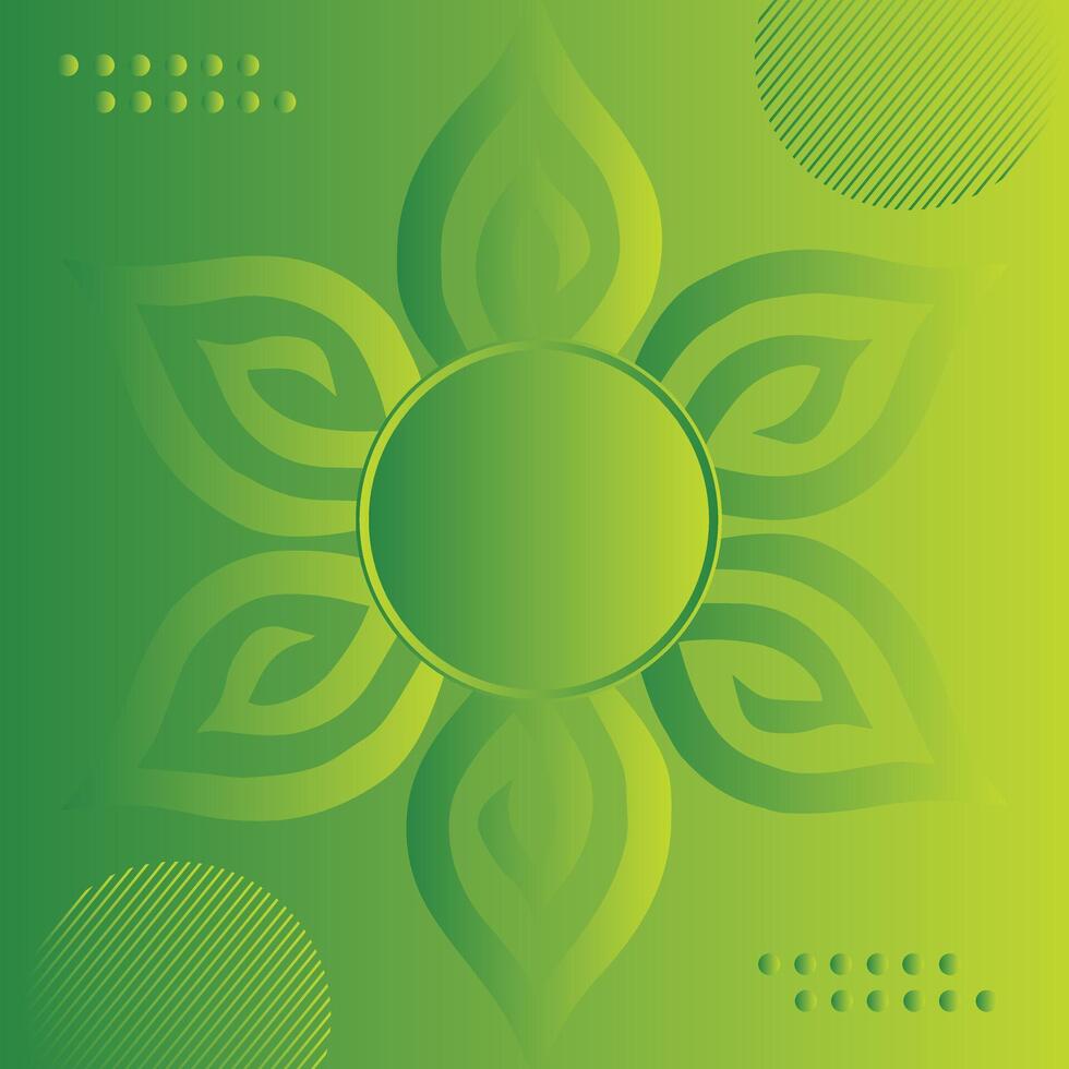 Modern Flowers pattern of abstract shapes creates an ornament around a colorful flower. Ornament on a green, gradient background background. vector