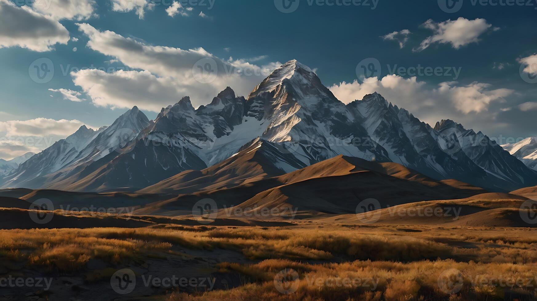 An Awe-Inspiring Scene of Mountains with Lush Yellow Vegetation in the Foreground, Bringing Together Vibrant Colors and Natural Grandeur photo