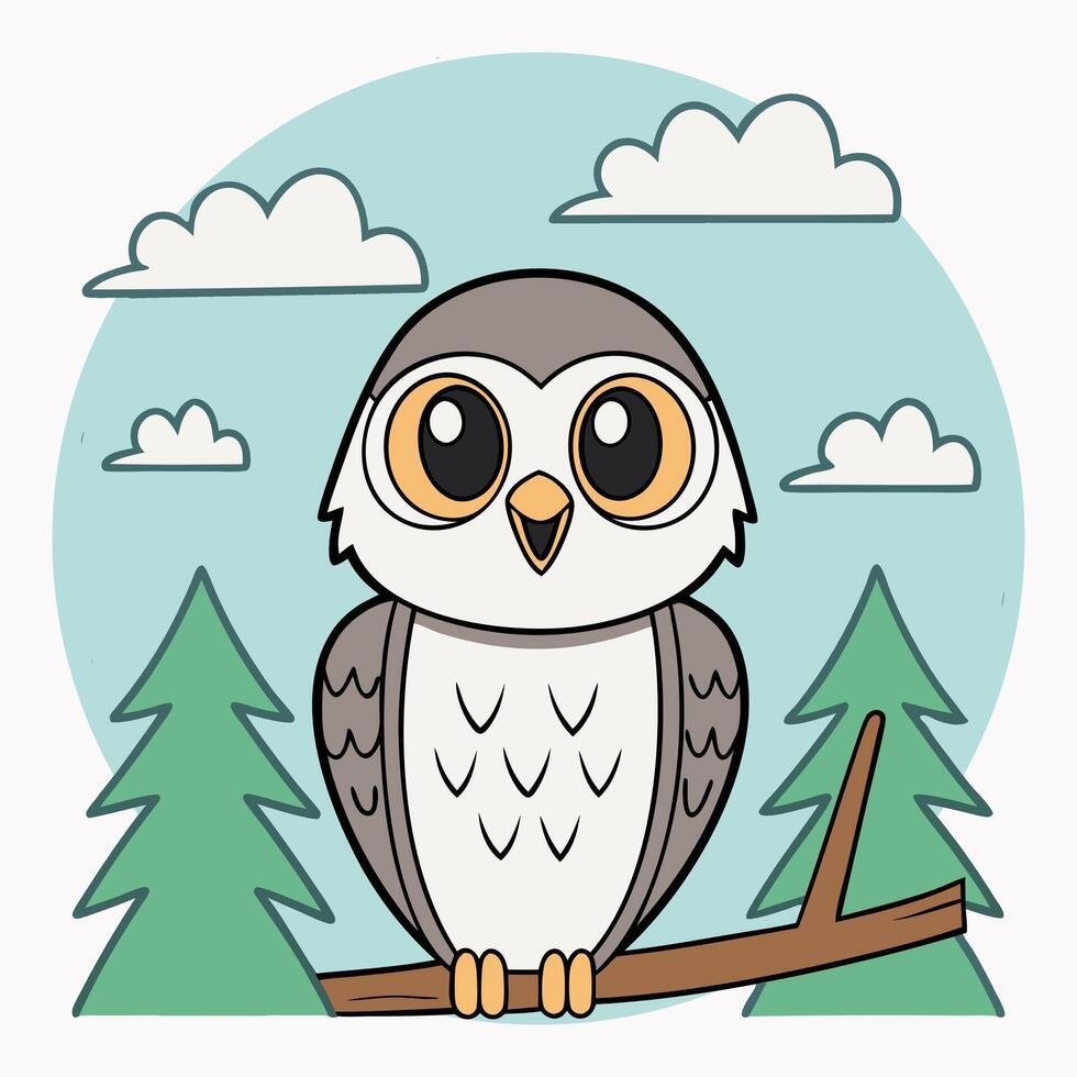 Cartoon Owl on Branch Cute and Playful Animal Illustration vector