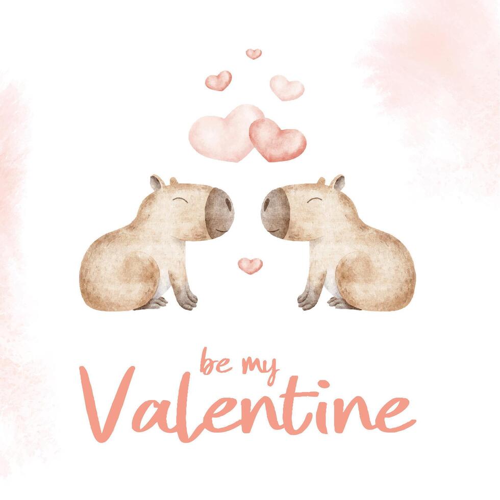 Valentine's day greeting card with Pair of capybaras in love and hearts. Hand drawn watercolor illustrations. Template for the 14th of february, declaration of love, romantic poster vector