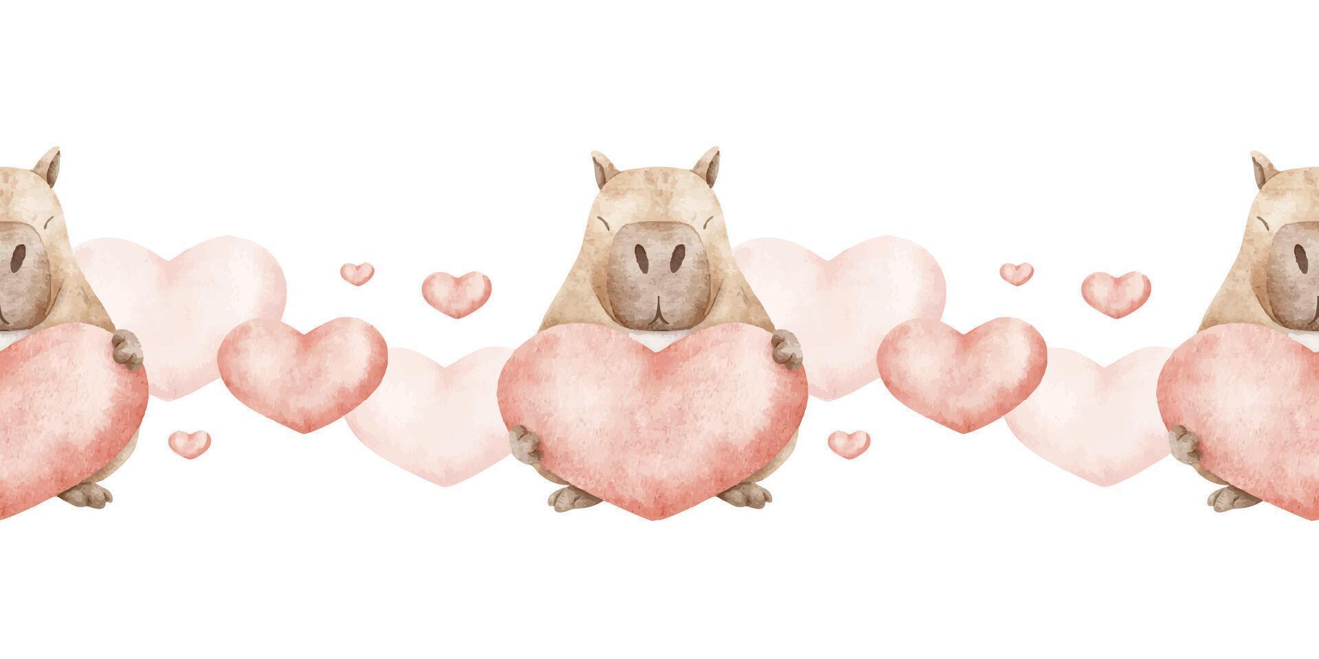 Capybaras with large red hearts. Valentine's Day backdrop featuring lovestruck rodent. Hand drawn watercolor seamless border of guinea pig for February 14, wallpaper, cards and product packaging. vector