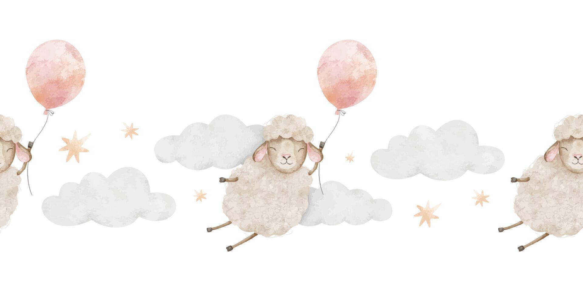 Baby sheep flying at pink air balloon, clouds, stars. Repeat banner of beige lamb animal. Isolated hand drawn children watercolor seamless border. Lane background for children's design vector