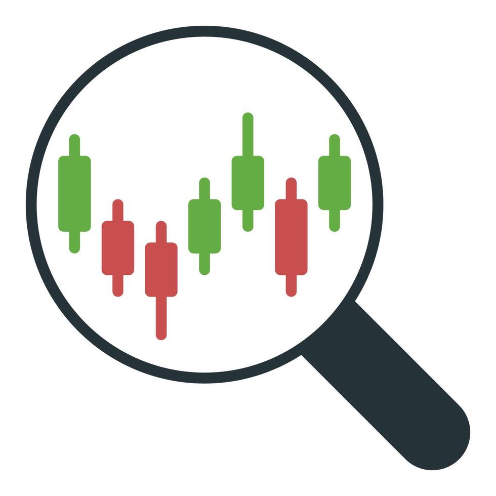 Magnifier with Candlestick Chart Successful Stock Market Investing icon or symbol vector