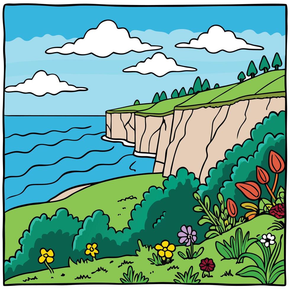 a cartoon illustration of a cliff with flowers and trees vector