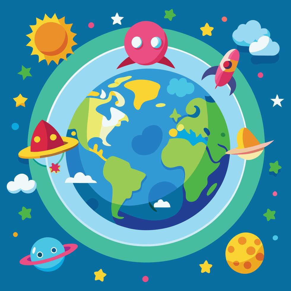 cartoon space background with planets, stars and rockets vector