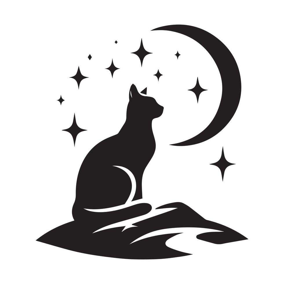 a black cat sitting on a hill with stars and a moon white background vector