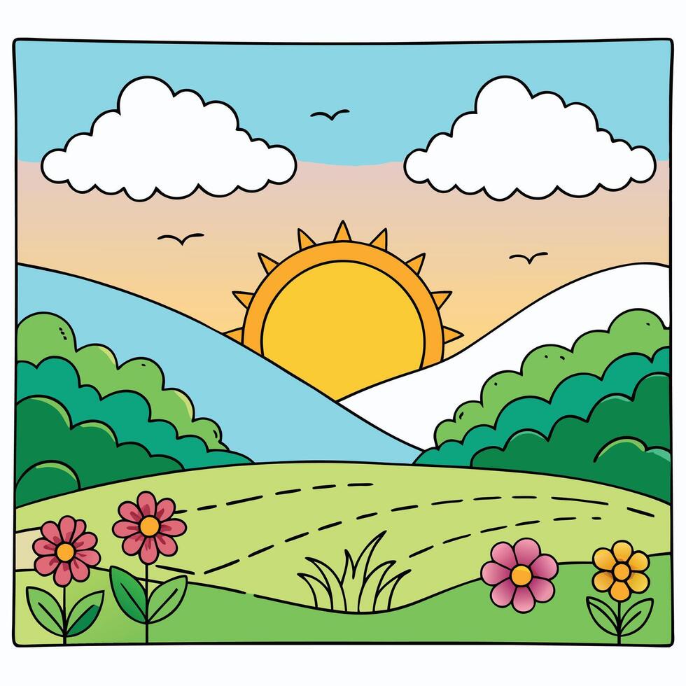 a cartoon sun and flowers in the field vector