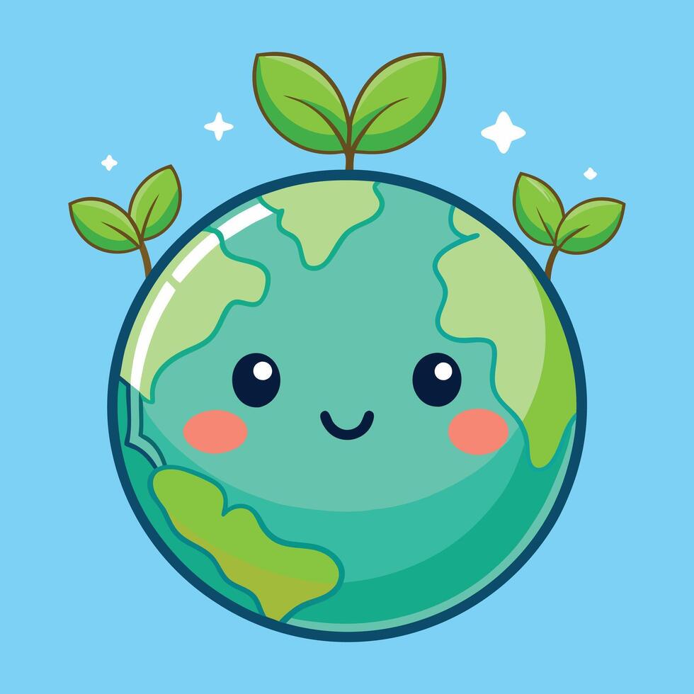 earth with plants and cute face illustration vector