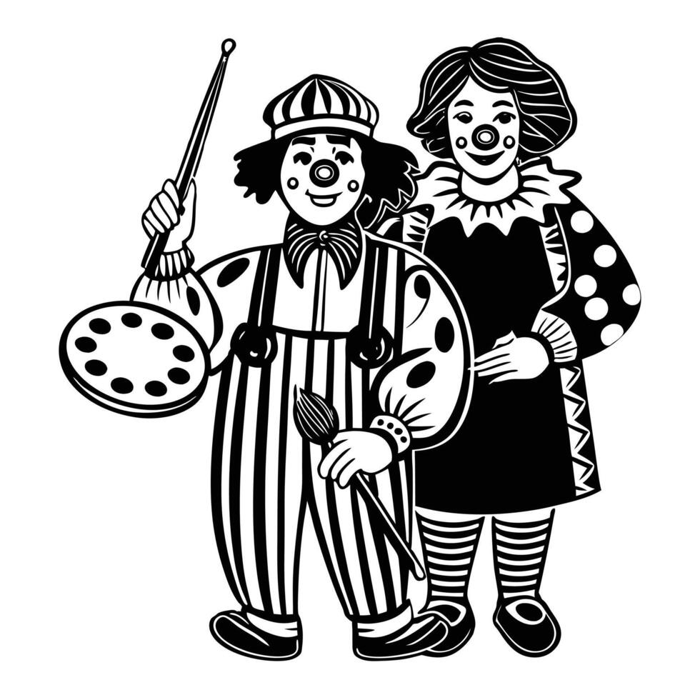 a black and white illustration of a clown and a woman vector
