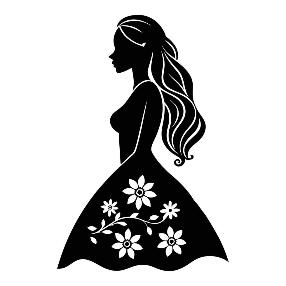 silhouette of a woman in a dress with flowers vector