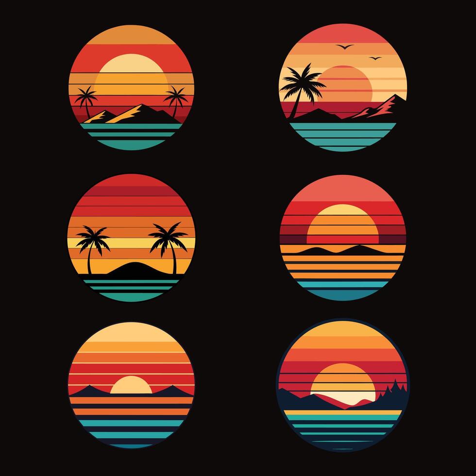 retro sunset llustration set of four different sunset designs vector