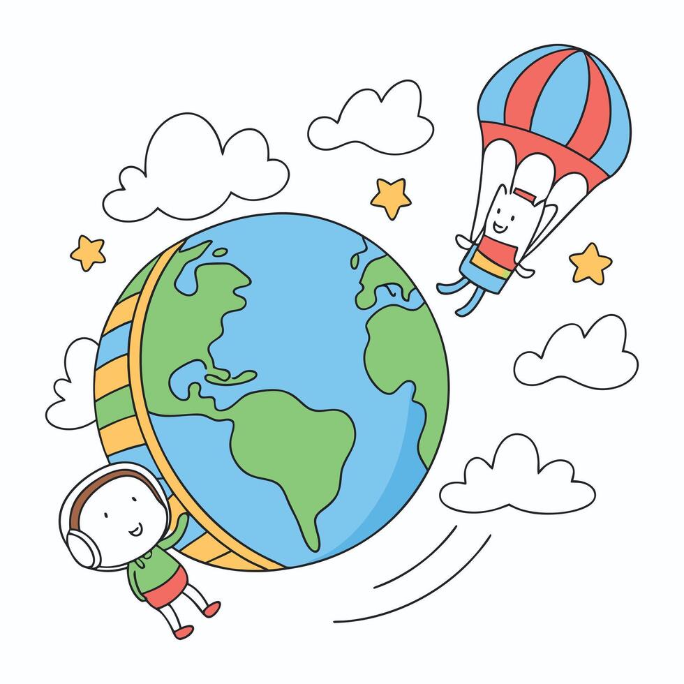 cartoon illustration of a boy flying over the earth vector