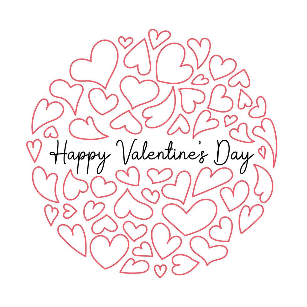 Valentines Day greeting card design. February 14 cute doodle hearts romantic illustration with text. Happy Valentine creative square card vector