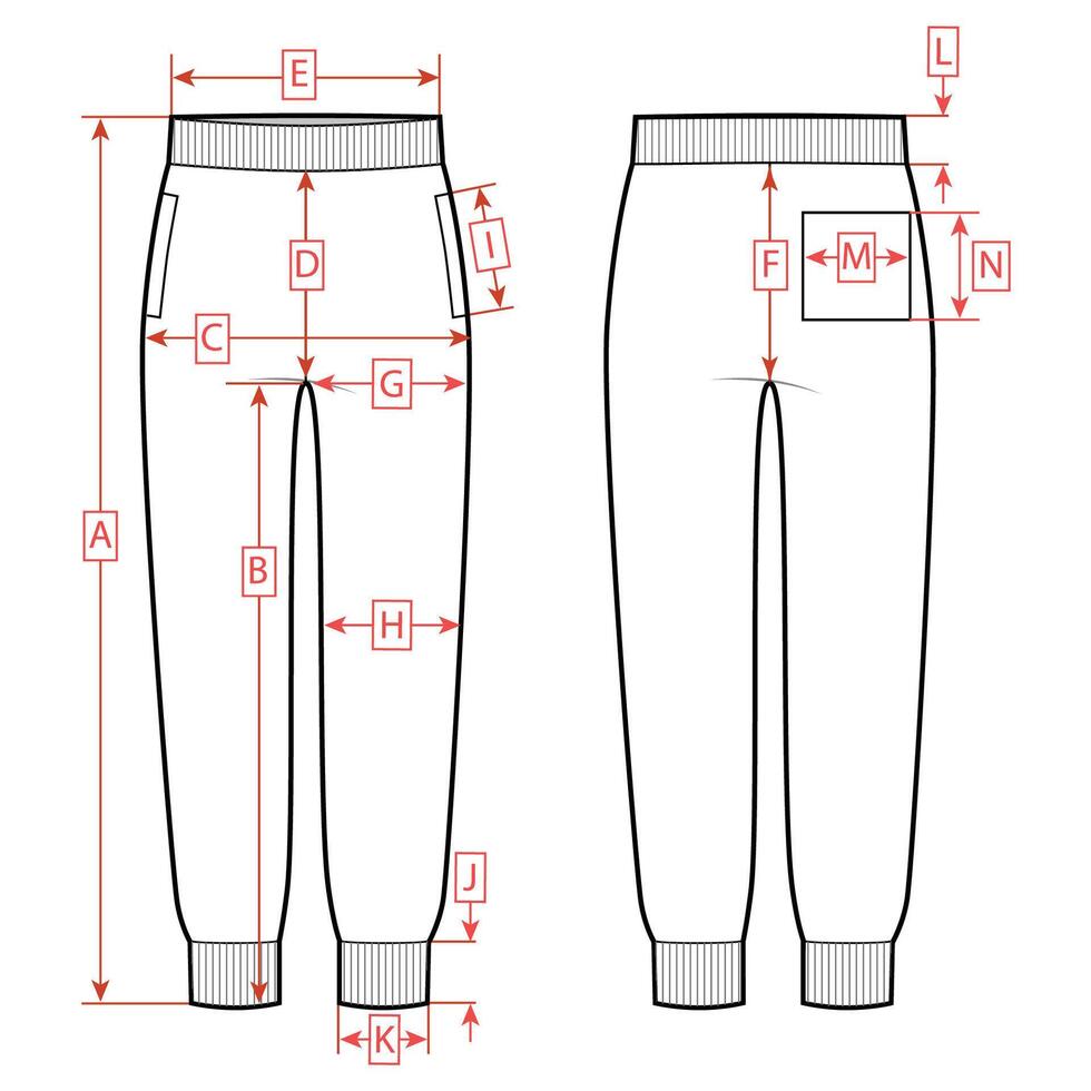 Elastic waist pants, size chart vector