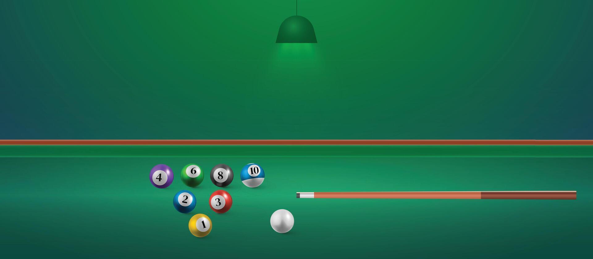 Billiard balls on the table with a cue and ball. American billiards, snooker table green light, illustration vector