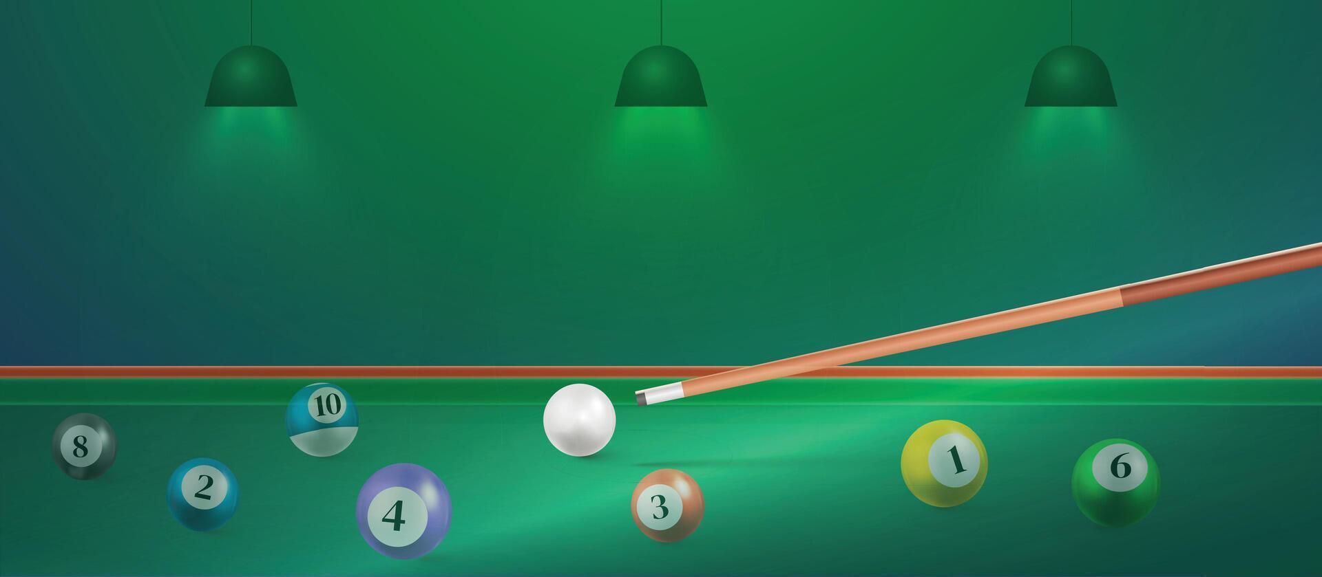 Billiard balls on the table with a cue. American billiards, snooker table green light, illustration vector