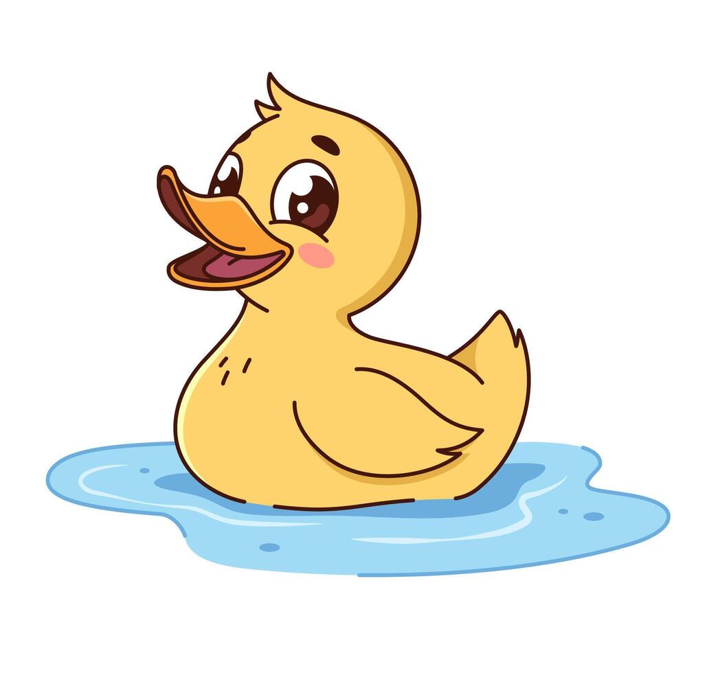 Little duckling, cartoon style duck character swimming in water, kids illustration vector