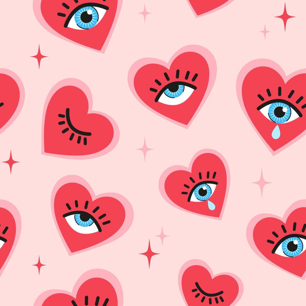 Heart eyes, hearts with eyes abstract mystic tarot seamless pattern, love background vector