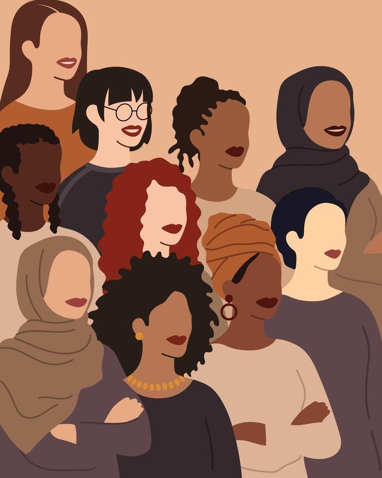 Various women of different races and ages standing together in a crowd, feminism poster, women empowerment illustration in a flat style vector