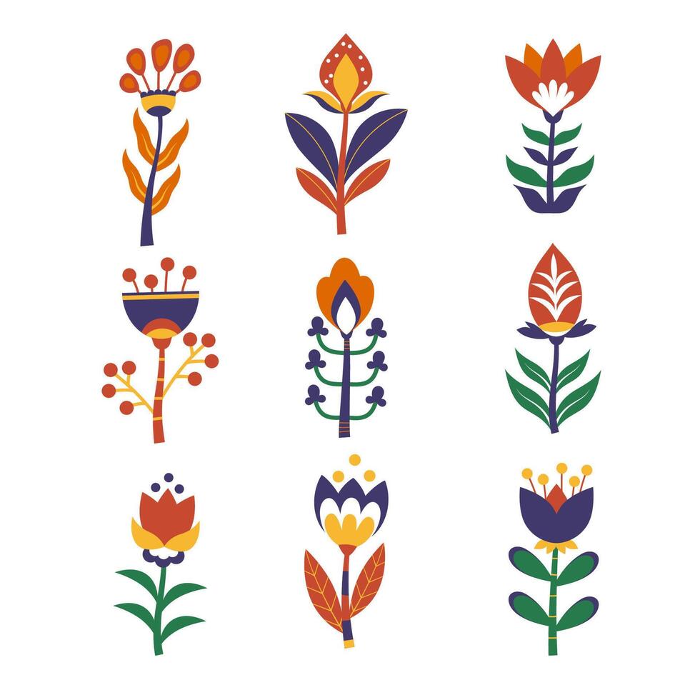 Abstract decorative geometric flowers in hand drawn style, set of illustrations vector