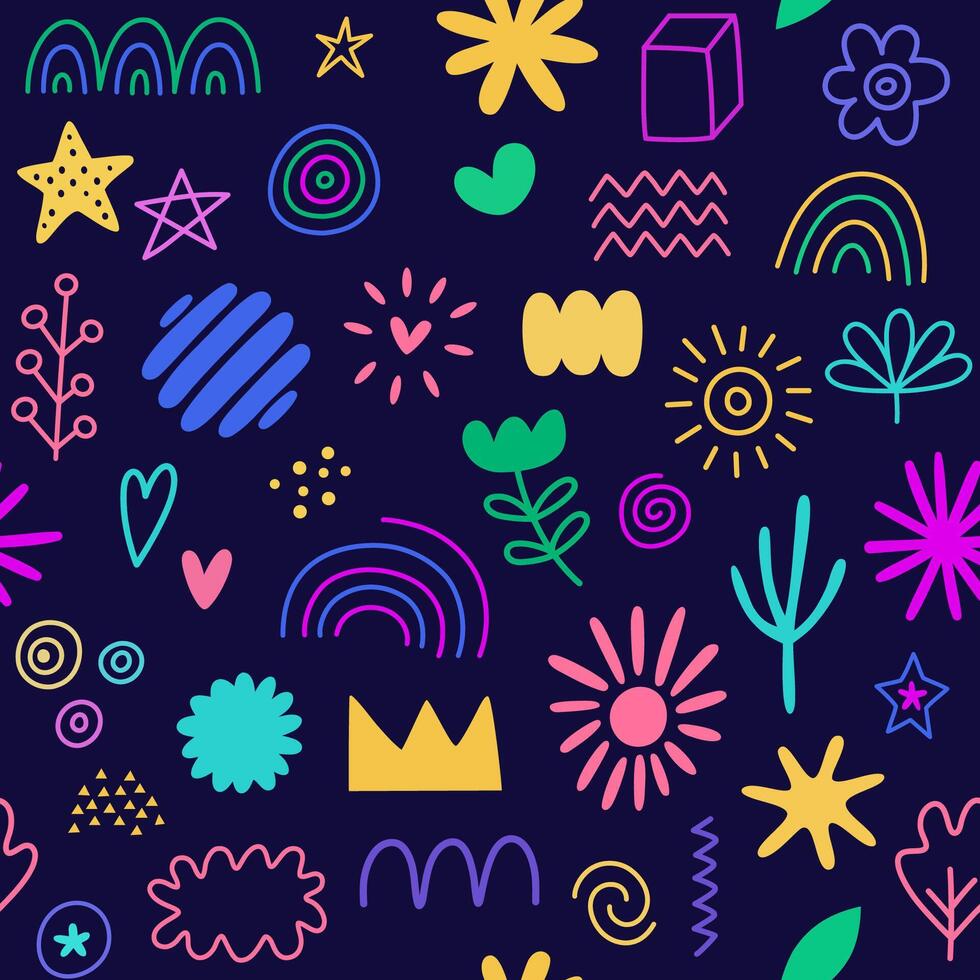 Doodle cartoon elements seamless pattern, background. Abstract doodle objects, sketches, drawings vector