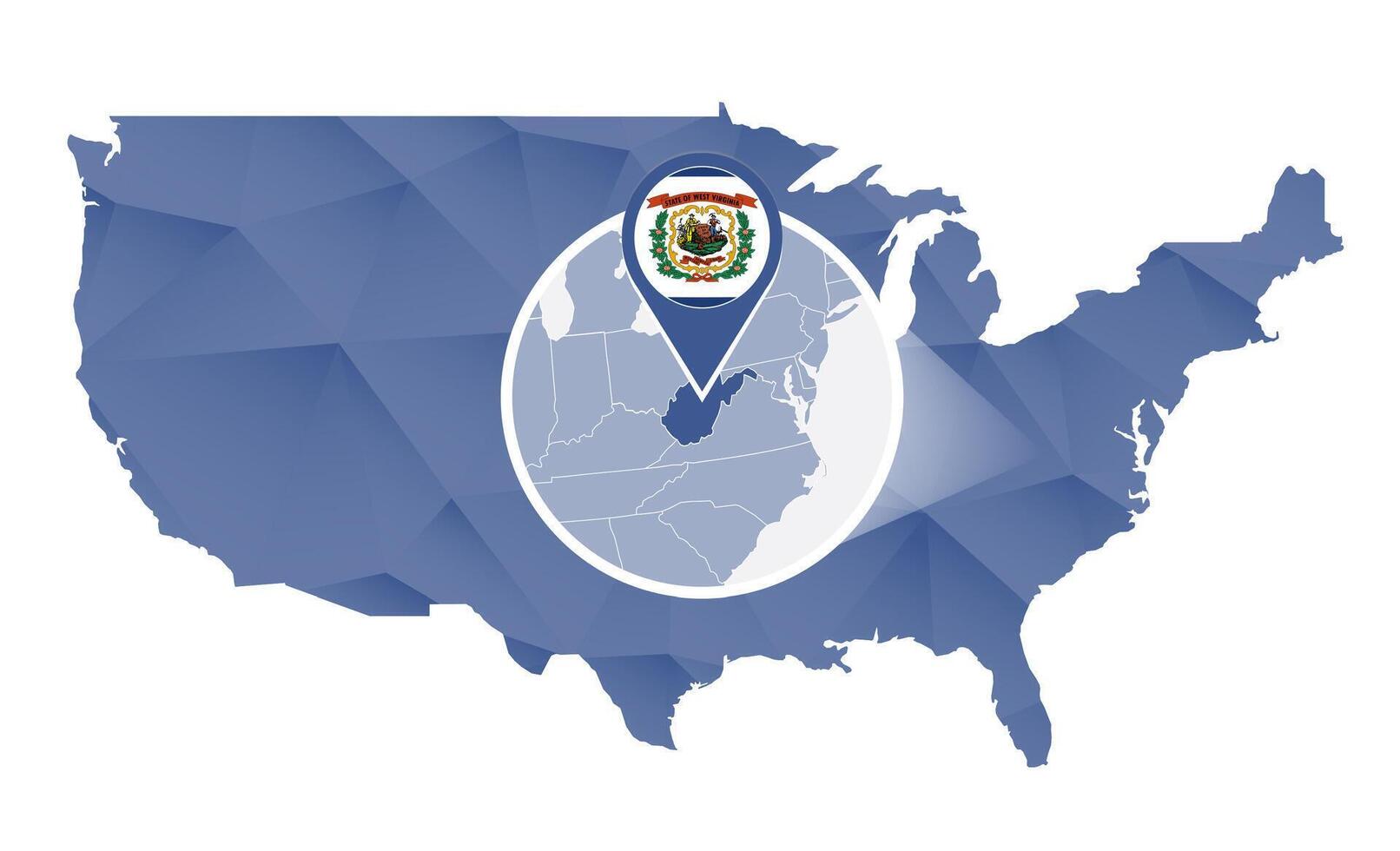 West Virginia State magnified on United States map. vector