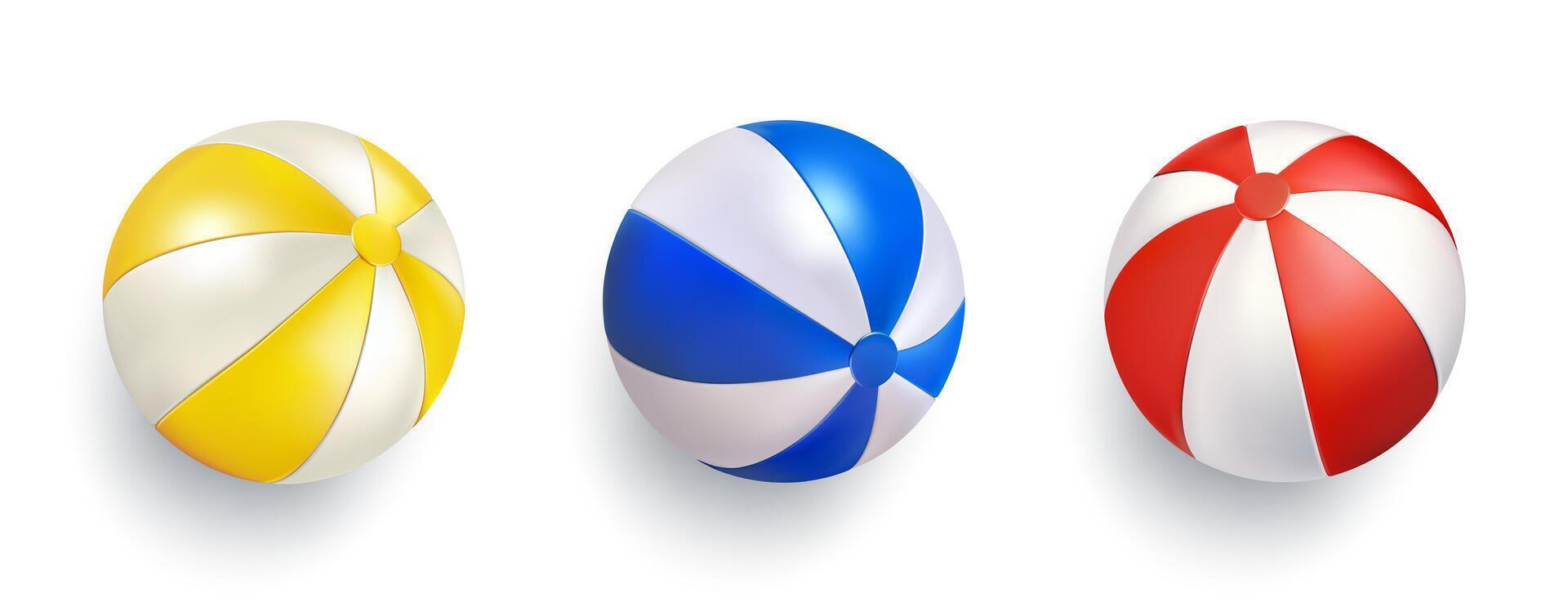 Beach ball top view, 3d render isolated . Inflatable toy in sea water pool. Ocean island trip, vacation symbol. Summer party colored icon. Floating balloon realistic. Red, yellow blue striped vector
