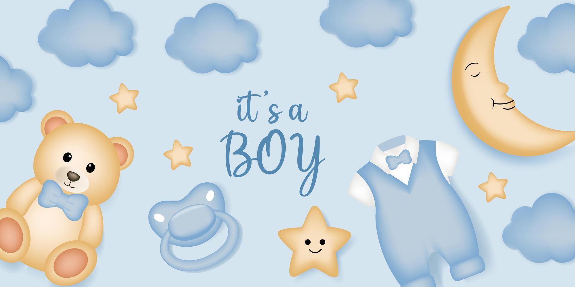 Baby shower design with moon, star, teddy bear, pacifier and dress on blue background. It's a boy design. vector
