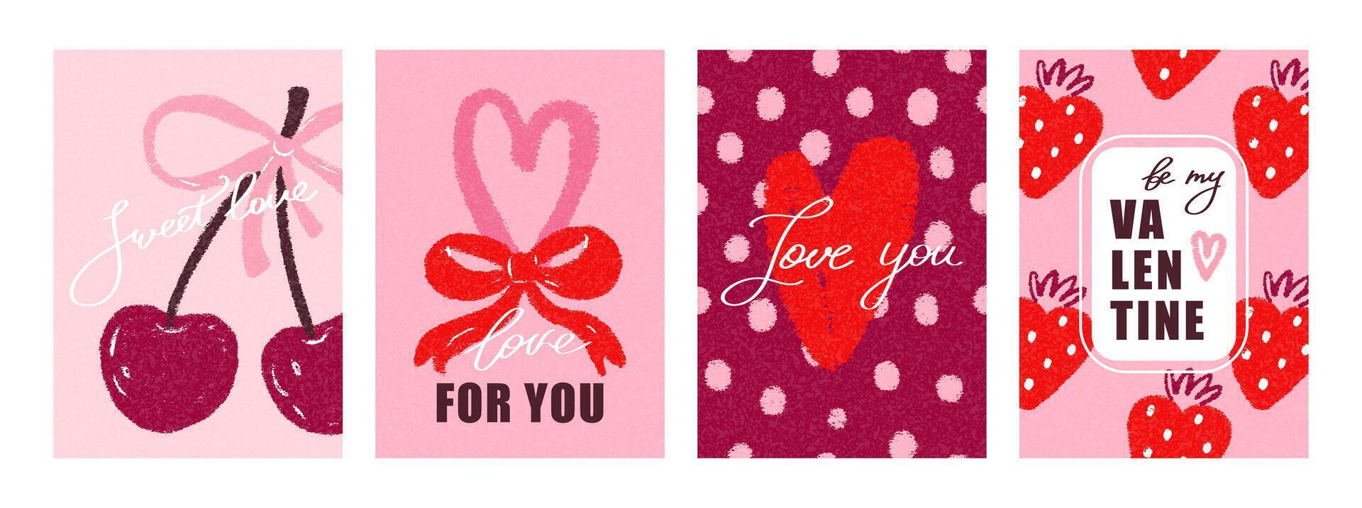 Set poster, cards for Happy Valentines Day in retro trendy style with heart, cherry and bows. Romantic and love elements. modern design, decor, print vector