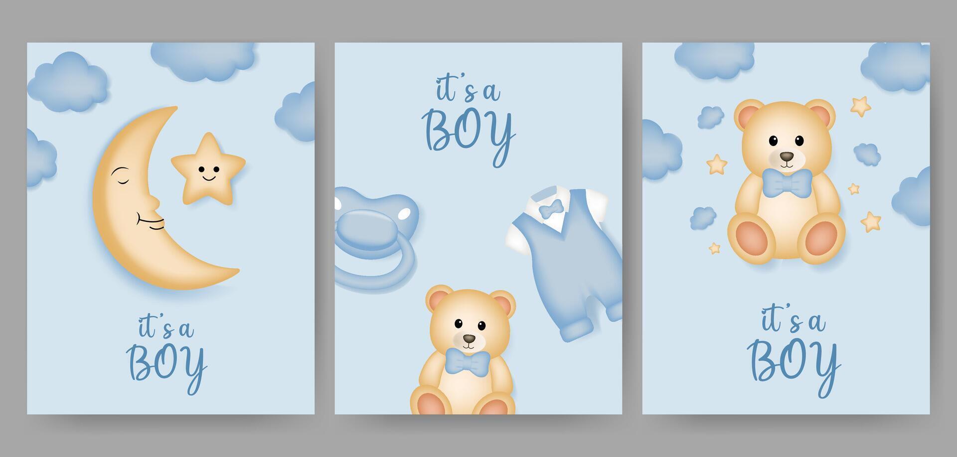 Set of baby shower design with moon, star, teddy bear, pacifier and dress on blue background. vector