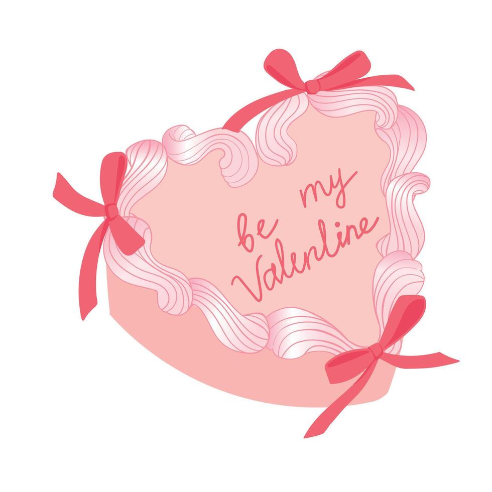 hand drawn heart shaped cake decorated with whipped cream and bows, with the inscription be my valentine vector