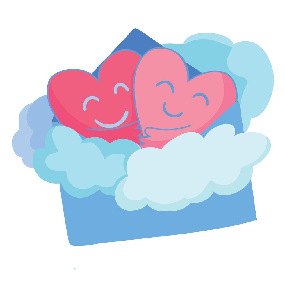 envelope with two cute smiling hearts in the clouds. love letter concept, valentines day, match made in heaven vector