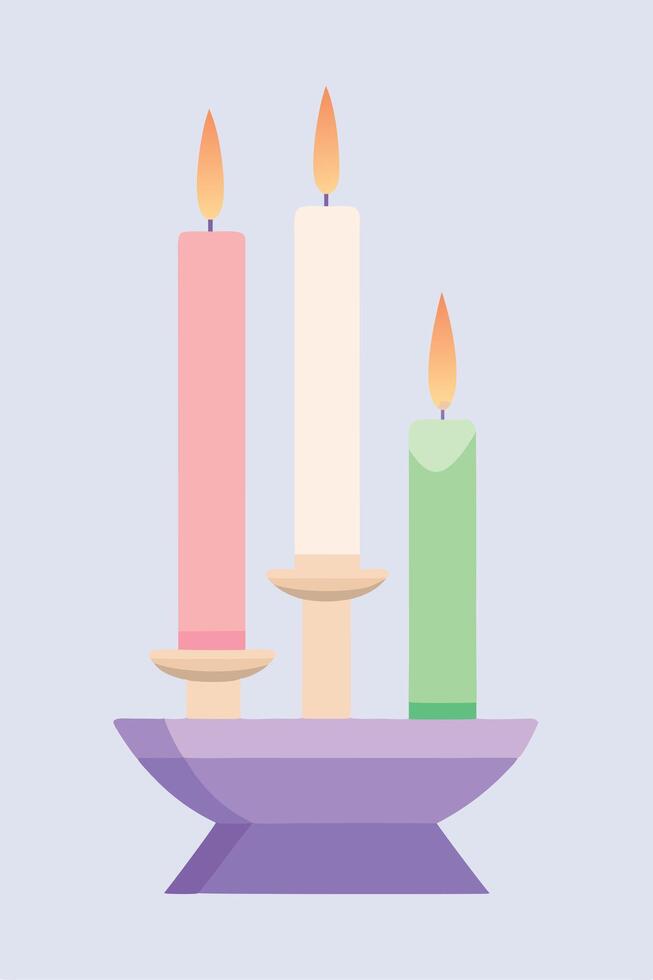 Three Pastel Candles on Purple Holder Lit, Festive, Decor vector