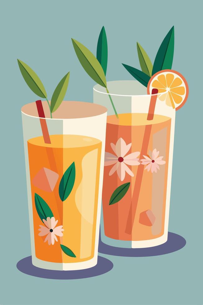 Refreshing Summer Citrus Iced Drinks with Flowers and Leaves vector