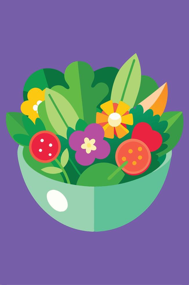 Vibrant Floral Salad Bowl Fresh Greens, Colorful Flowers, and Fruits vector