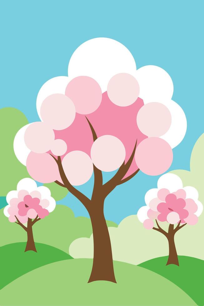 Springtime Blossoms Pink Flower Trees in a Sunny Meadow vector