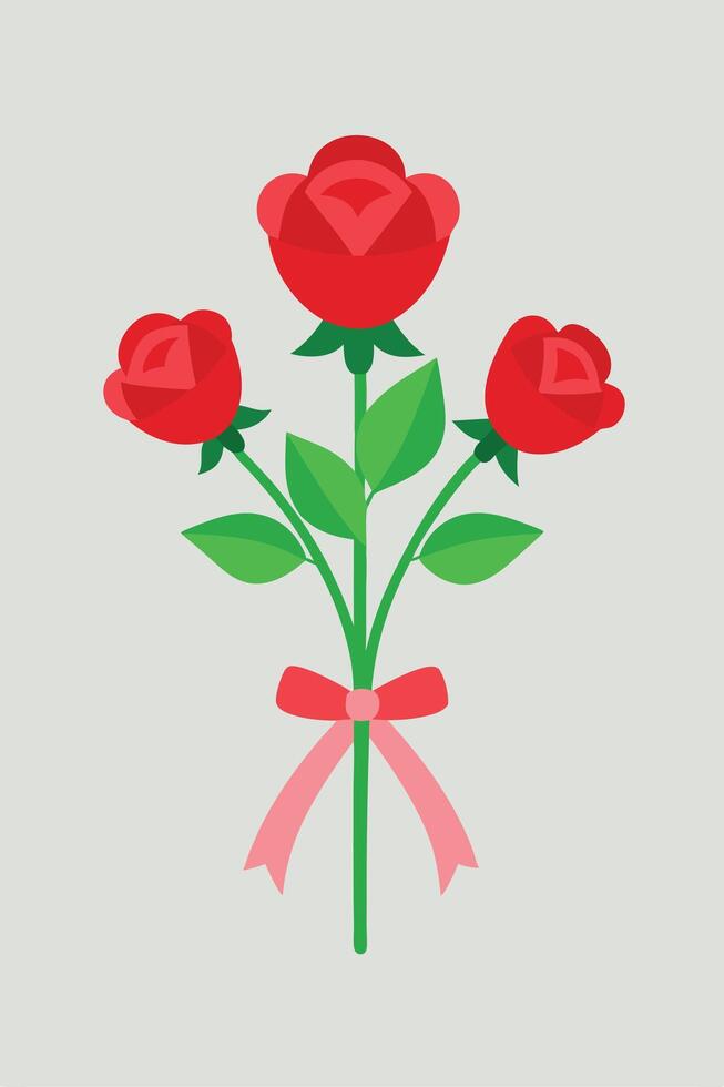 Three Red Roses Bouquet, Pink Ribbon, Simple Floral Illustration vector