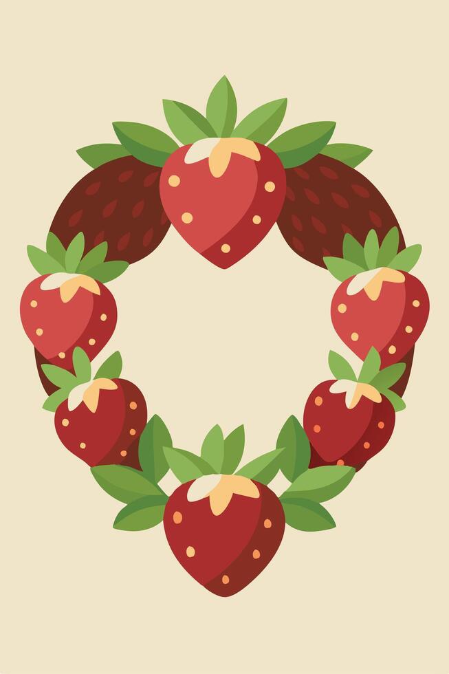 Strawberry Wreath Frame Red Berries, Green Leaves, Summer Design vector
