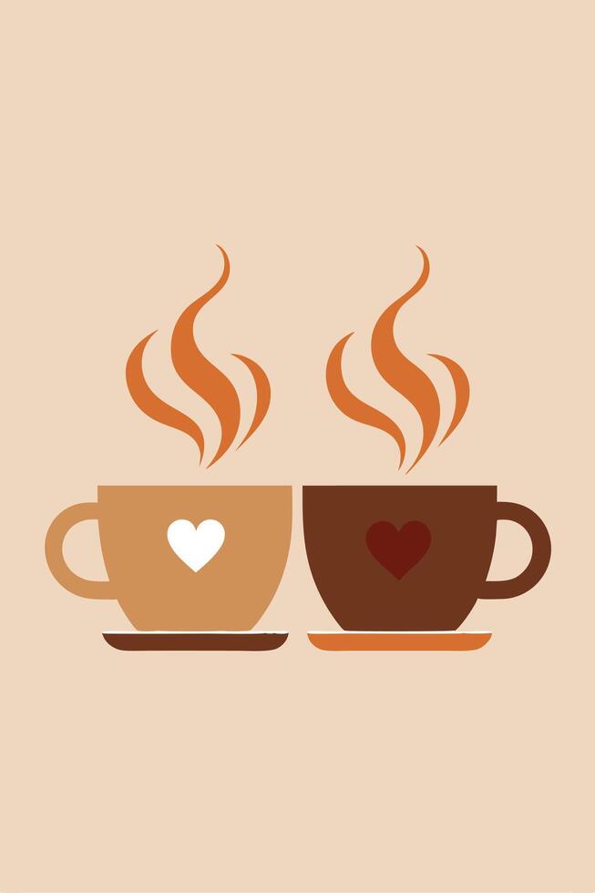 Two Steaming Coffee Cups with Hearts, Love, Warmth, and Comfort vector