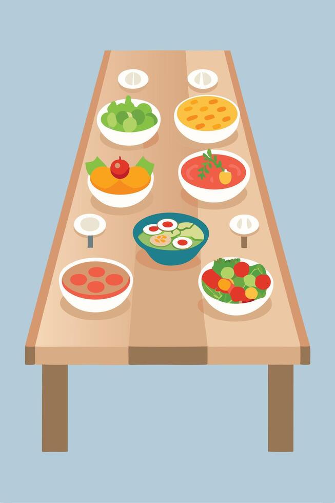 Colorful Food Buffet Table Salads, Soups, and Appetizers vector